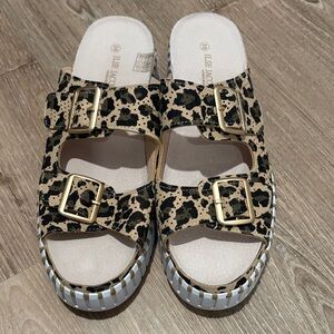 Ilse Jacobsen Leopard Print Double Buckle Platform Slide Sandals - Size 38